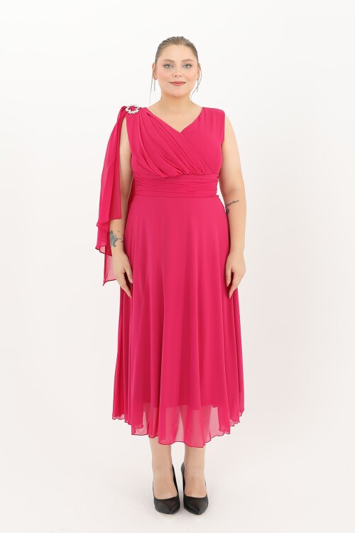 Broş Detaylı Drapeli Midi Elbise - 1667