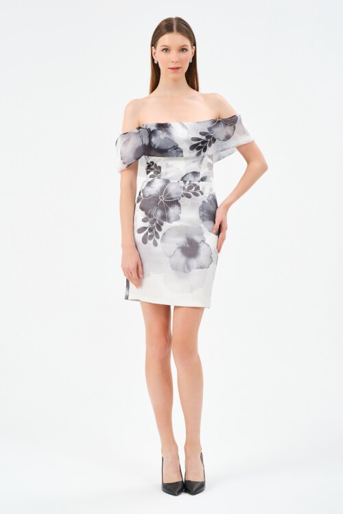 Çiçek Desenli Kayık Yaka Mini Elbise - 1530