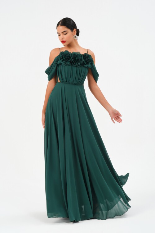 Çiçek Detaylı Omzu Düşük Elbise - 1500