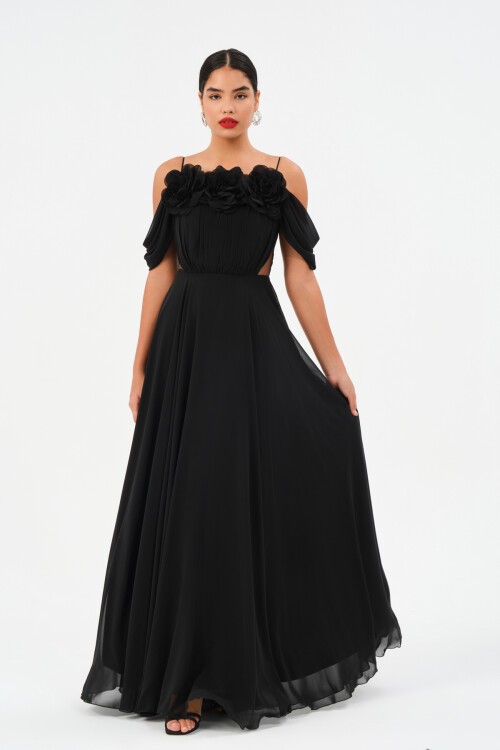 Çiçek Detaylı Omzu Düşük Elbise - 1500