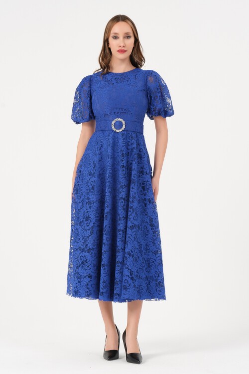Dantelli Balon Kollu Midi Elbise - 1592