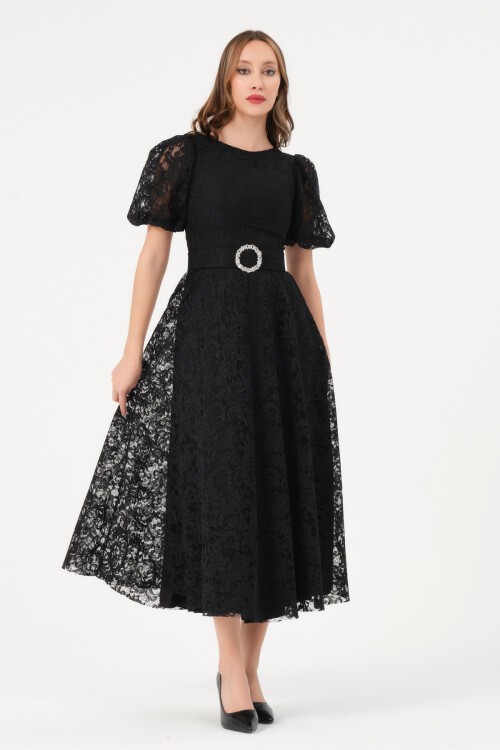 Dantelli Balon Kollu Midi Elbise - 1592