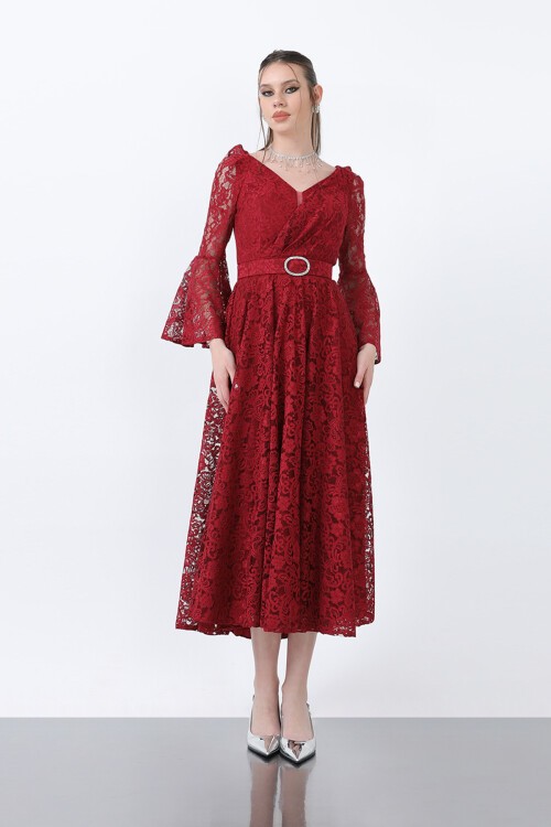 Dantelli Kemer Detaylı Midi Elbise - 1636