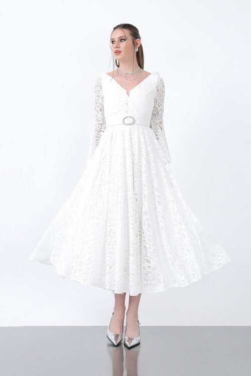 Dantelli Kemer Detaylı Midi Elbise - 1636