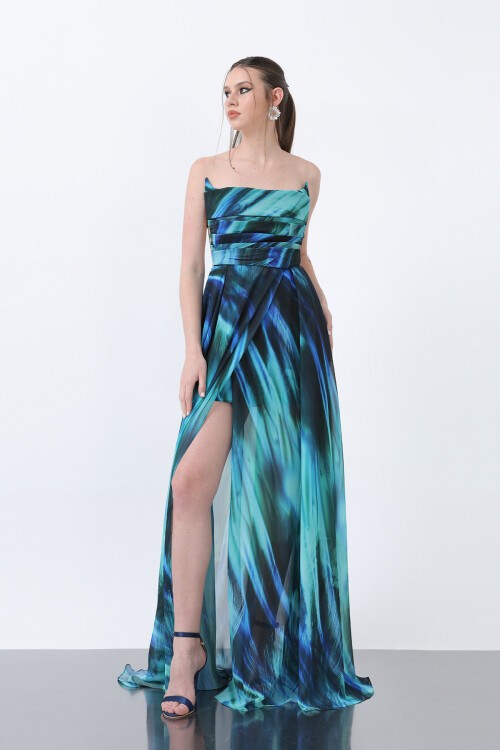 Desenli Mini Etekli Straplez Elbise - 1835