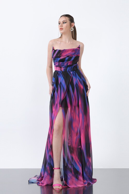 Desenli Mini Etekli Straplez Elbise - 1835