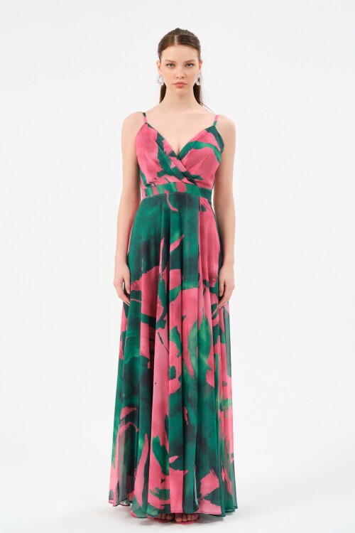 Desenli Kruvaze Yaka Askılı Elbise - 1526