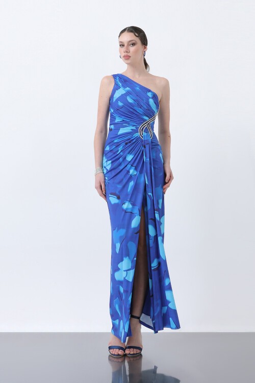 Desenli Tek Omuzlu Taş İşlemeli Elbise - 1617