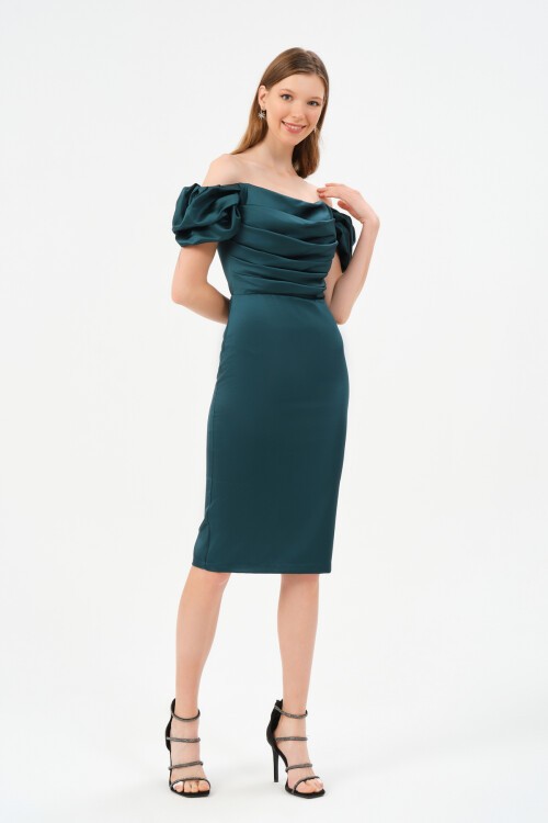 Drape Detaylı Midi Elbise - 1513