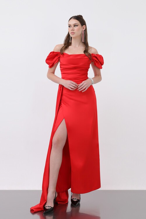 Drapeli Yırtmaçlı Elbise - 1499