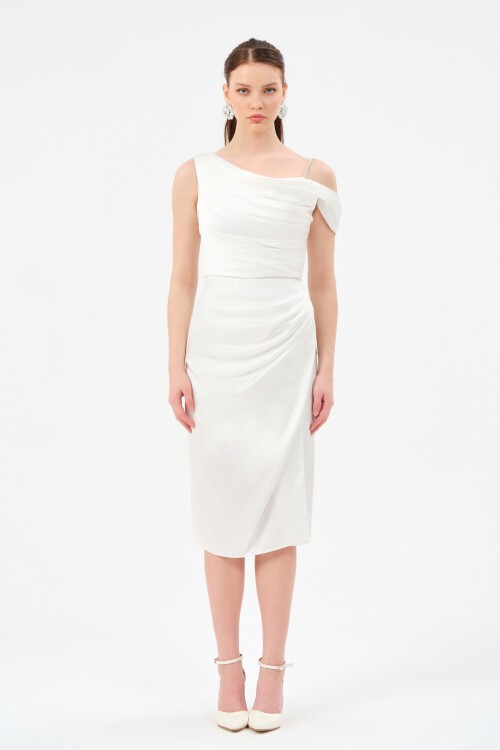 Drapeli Omuz Detaylı Midi Elbise - 1506