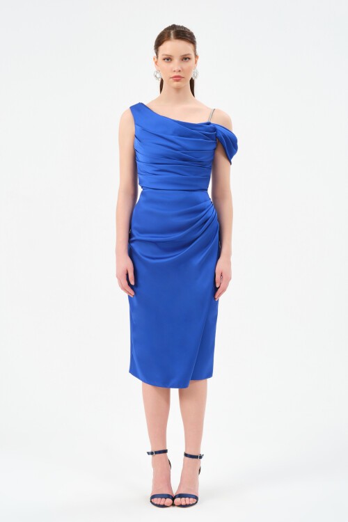 Drapeli Omuz Detaylı Midi Elbise - 1506