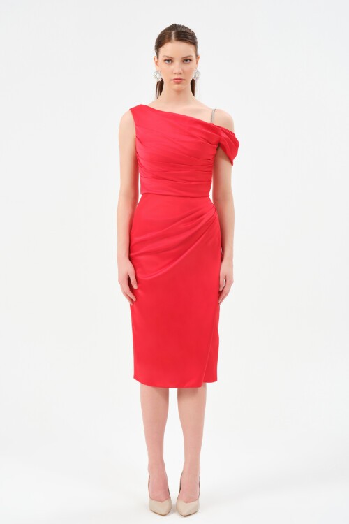 Drapeli Omuz Detaylı Midi Elbise - 1506