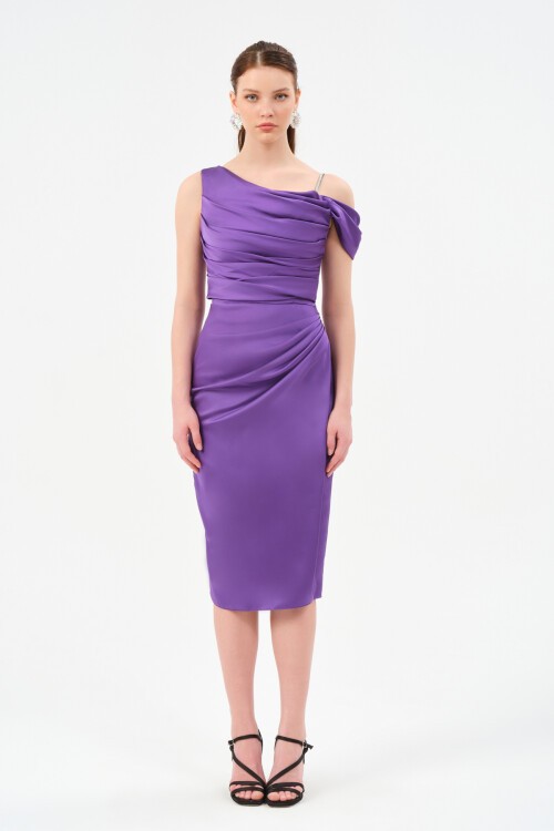 Drapeli Omuz Detaylı Midi Elbise - 1506