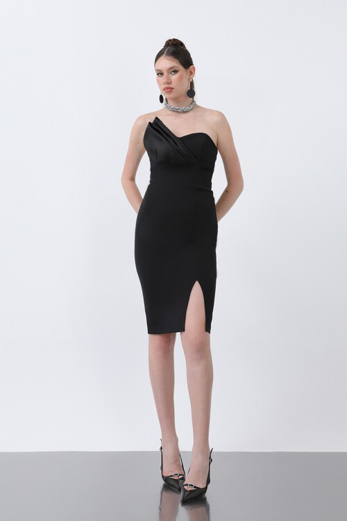 Drapeli Straplez Midi Elbise - 1864