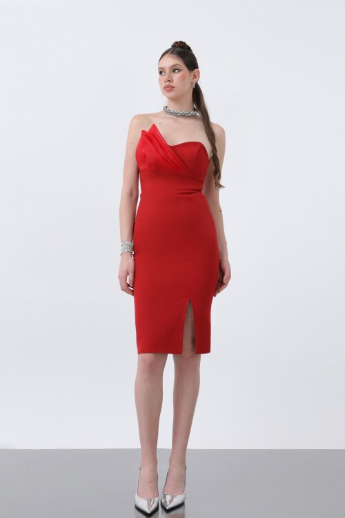 Drapeli Straplez Midi Elbise - 1864