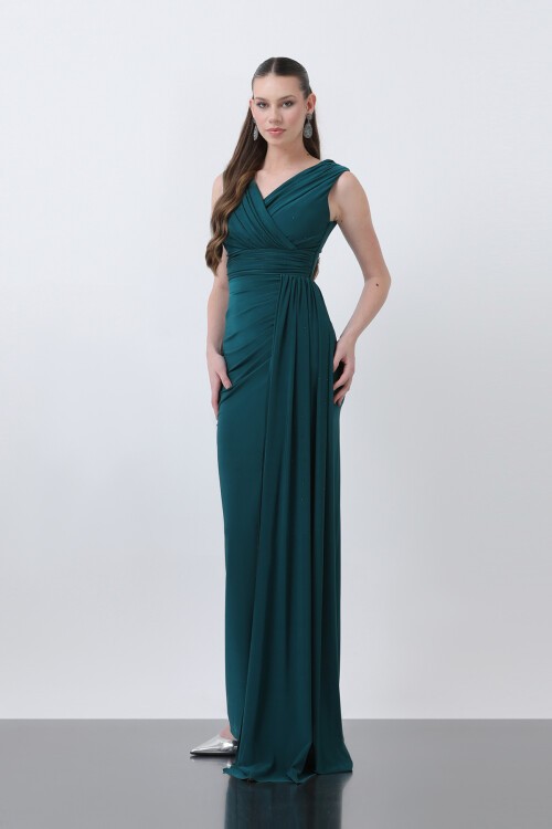 Drapeli Taş Detaylı Uzun Elbise - 1638