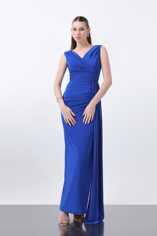 Drapeli Taş Detaylı Uzun Elbise - 1638