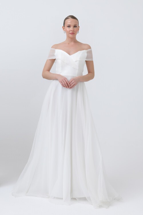 Kayık Yakalı Tül Elbise - 1697