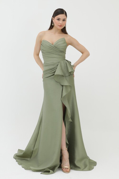 Drapeli Volan Detaylı Yırtmaçlı Elbise - 1759