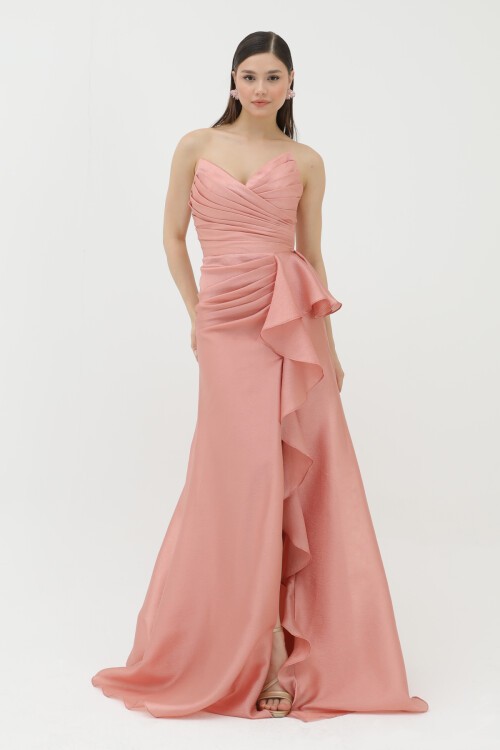 Drapeli Volan Detaylı Yırtmaçlı Elbise - 1759