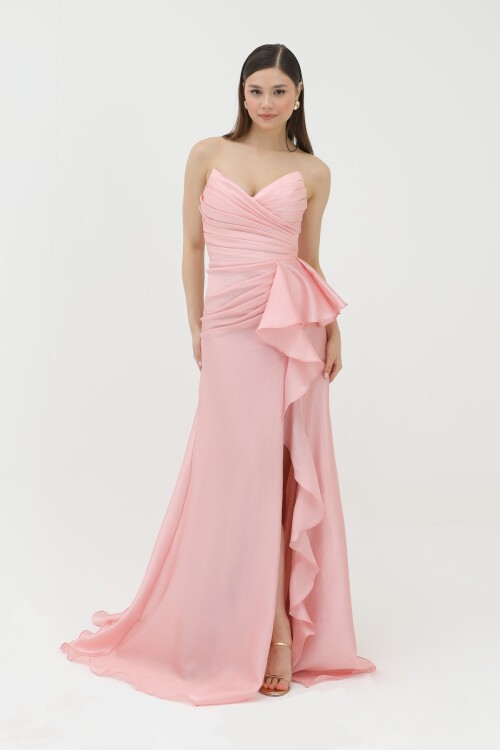 Drapeli Volan Detaylı Yırtmaçlı Elbise - 1759