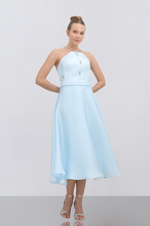 Halter Yaka Taş İşlemeli Midi Elbise - 1790