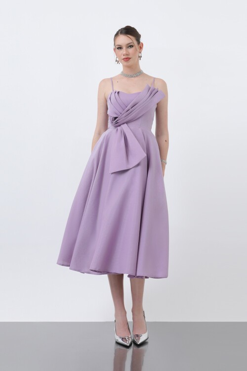 İnce Askılı Drape Detaylı Midi Elbise - 1878