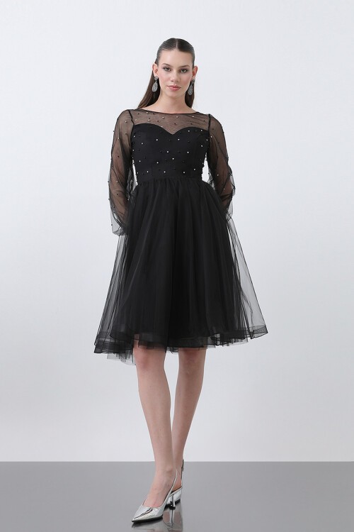 Tül Detaylı İncili Midi Elbise - 1658