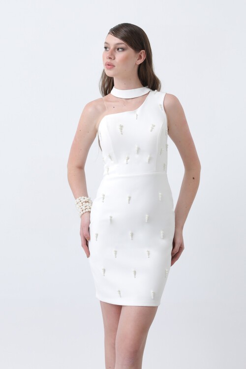 Boyun Detaylı İnci İşlemeli Mini Elbise - 1702