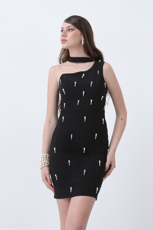 Boyun Detaylı İnci İşlemeli Mini Elbise - 1702