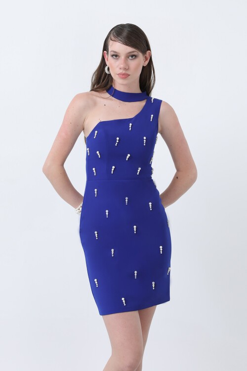 Boyun Detaylı İnci İşlemeli Mini Elbise - 1702