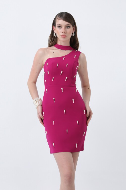 Boyun Detaylı İnci İşlemeli Mini Elbise - 1702