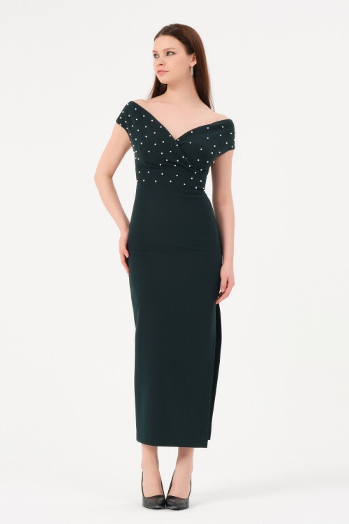 İncili Kruvaze Yaka Yırtmaçlı Midi Elbise - 1585