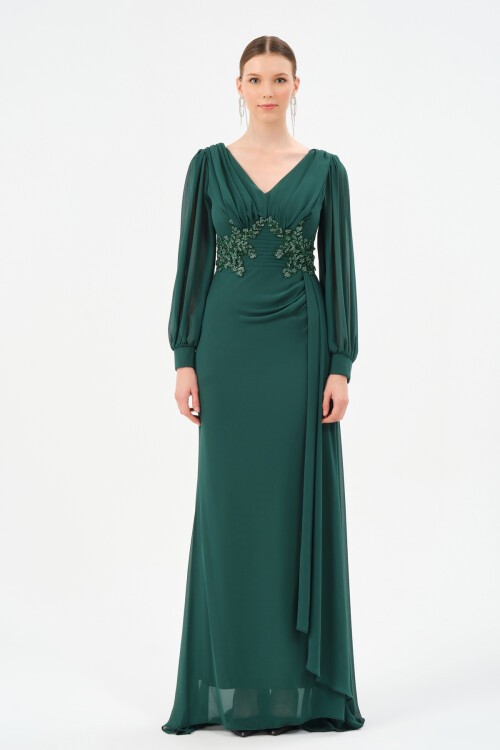 İşleme Detaylı Drapeli Elbise - 1509