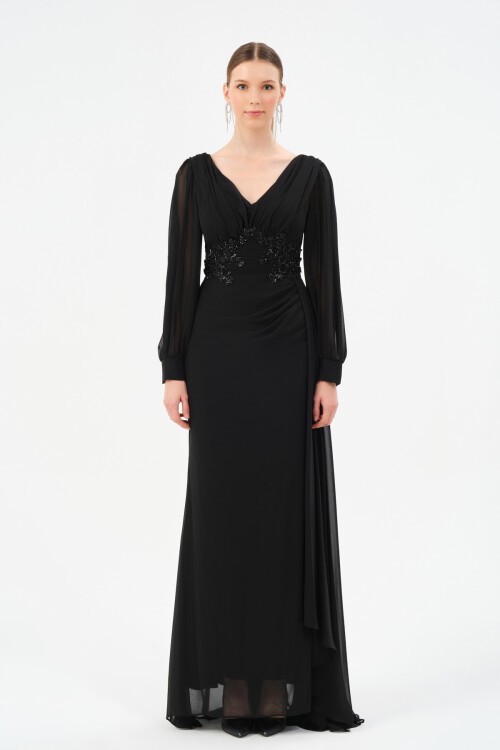 İşleme Detaylı Drapeli Elbise - 1509