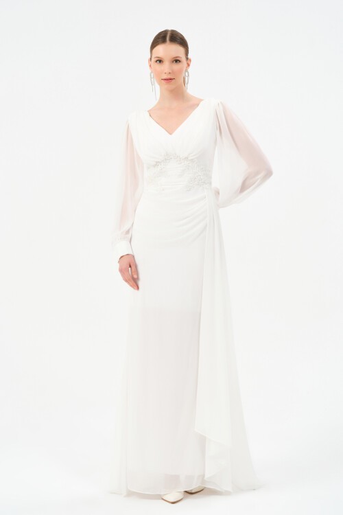 İşleme Detaylı Drapeli Elbise - 1509