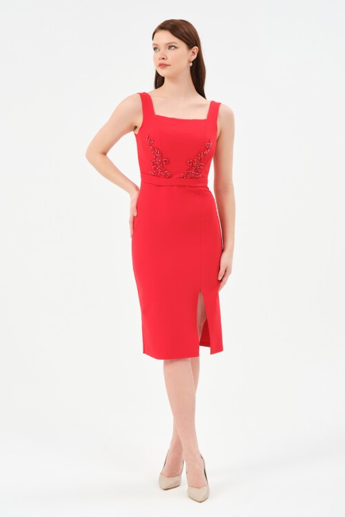 İşleme Detaylı Kare Yaka Midi Elbise - 1535