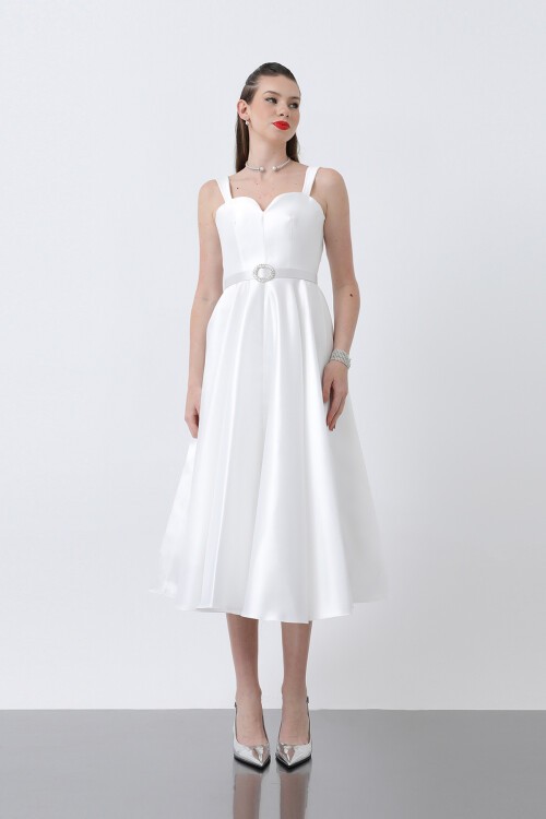 Kalp Yakalı Kemer Detaylı Midi Elbise - 1826