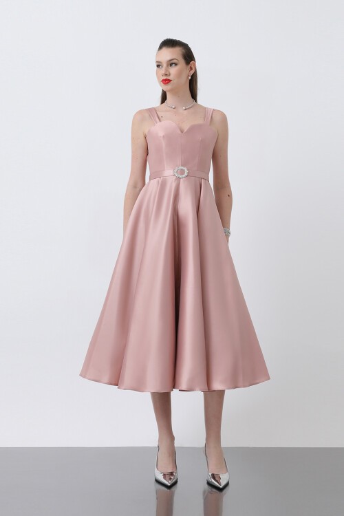 Kalp Yakalı Kemer Detaylı Midi Elbise - 1826