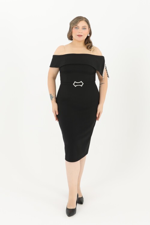 Kayık Yaka Taş Detaylı Midi Elbise - 1709