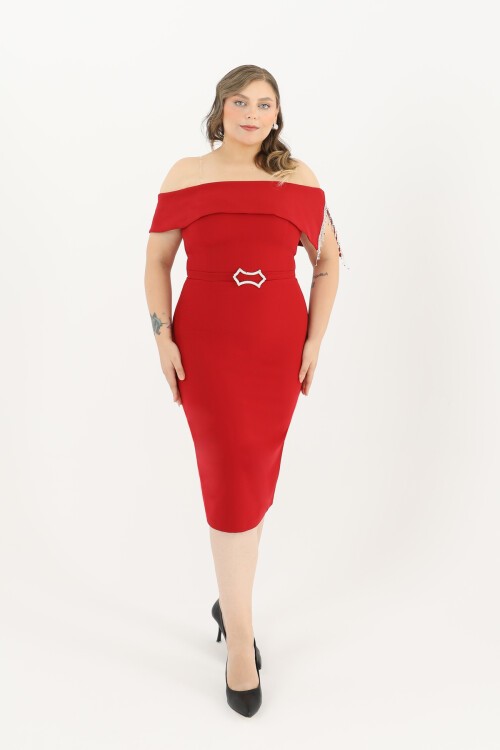 Kayık Yaka Taş Detaylı Midi Elbise - 1709