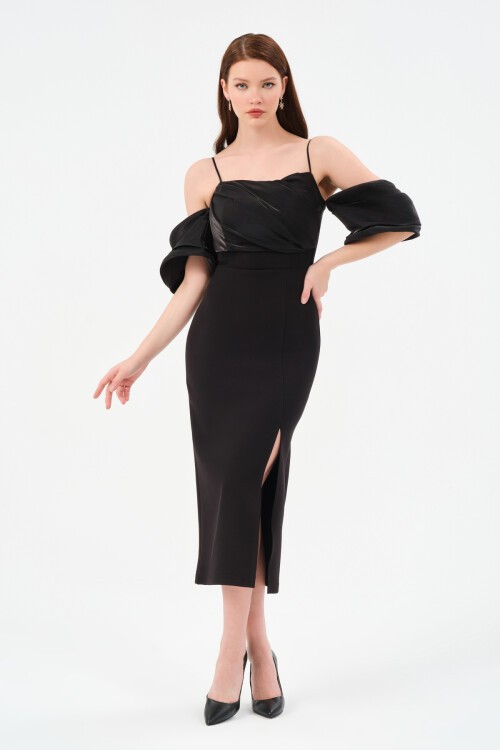 Kol Detaylı Yırtmaçlı Midi Elbise - 1582