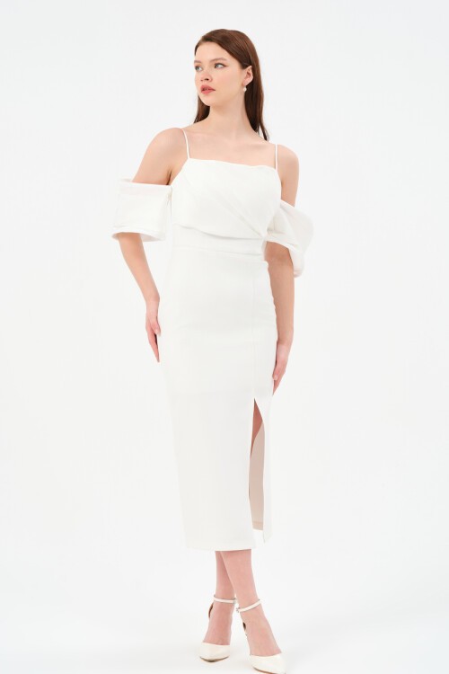 Kol Detaylı Yırtmaçlı Midi Elbise - 1582