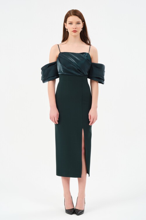 Kol Detaylı Yırtmaçlı Midi Elbise - 1582