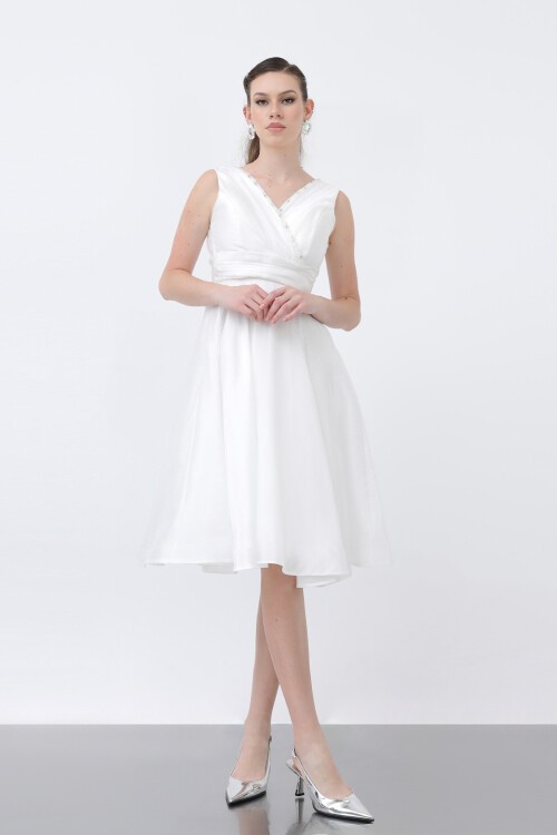 Kruvaze Yaka Taş Detaylı Elbise - 1663