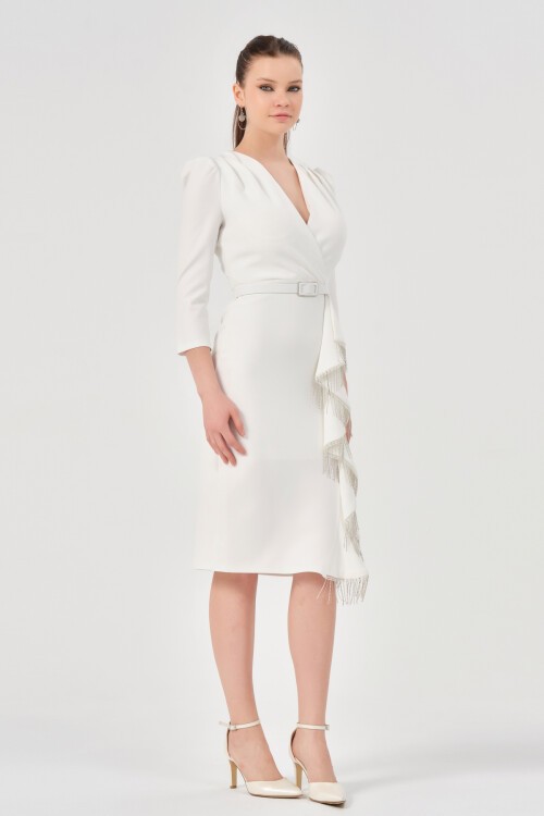 Kruvaze Yaka Kemerli Midi Elbise - 1610