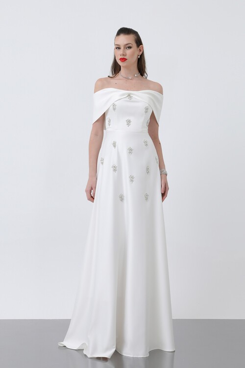 Kayık Yaka Taşlı Elbise - 1866