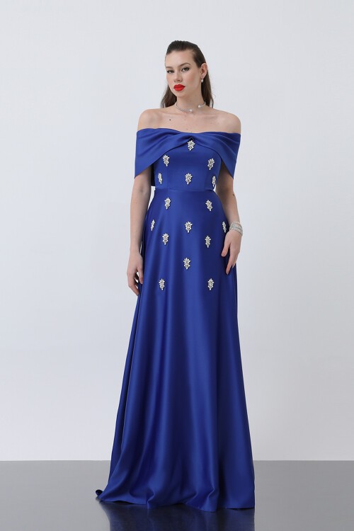 Kayık Yaka Taşlı Elbise - 1866