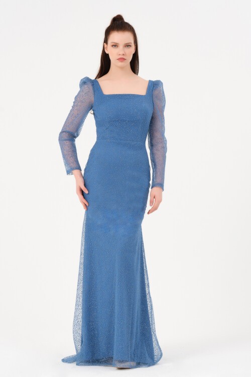 Omzu Büzgülü Kare Yaka Elbise - 1573